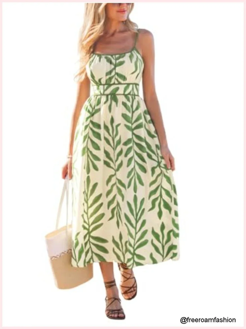 Bohemian Floral Midi Dress Sq Neck Smocked Elastic Waist Spaghetti Strap Flowey